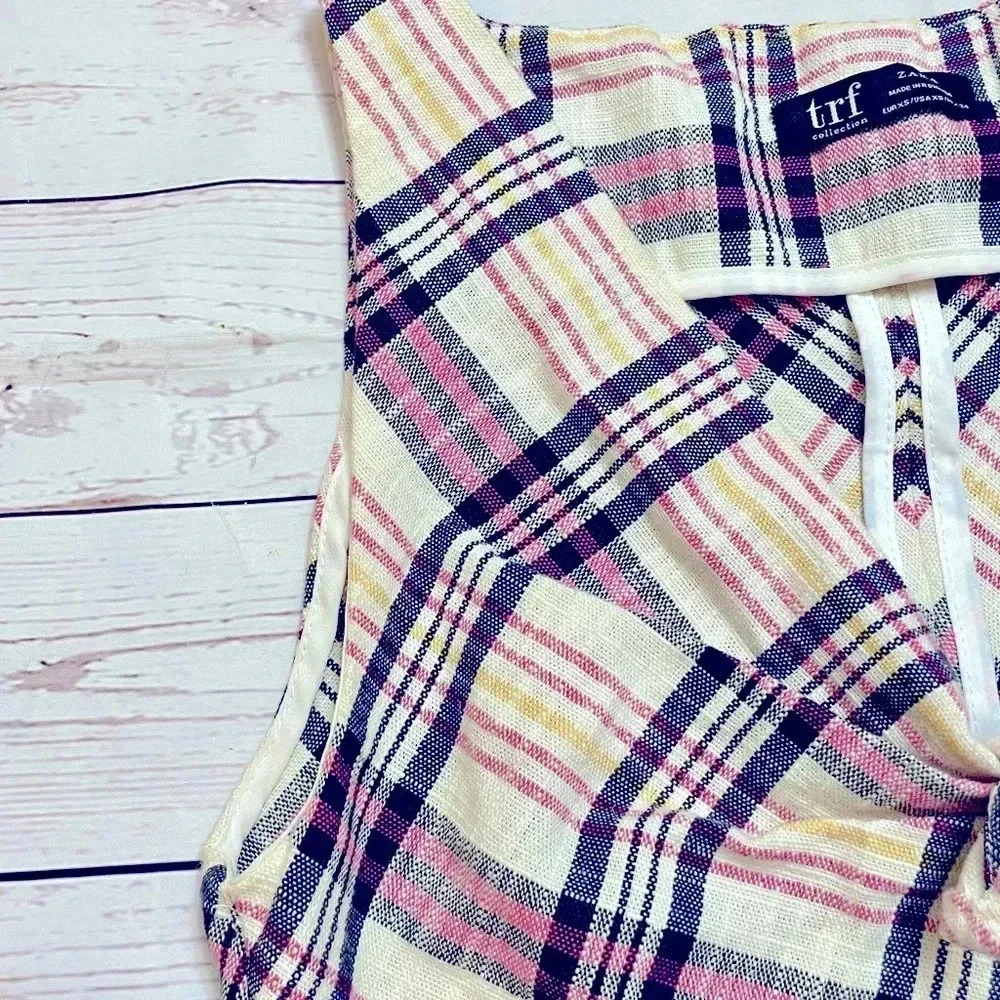 🎀EUC 🎀 Zara Womens TRF Plaid Crop Tank Top Sleeveless XS Bow Detail Pink Black - Picture 7 of 13